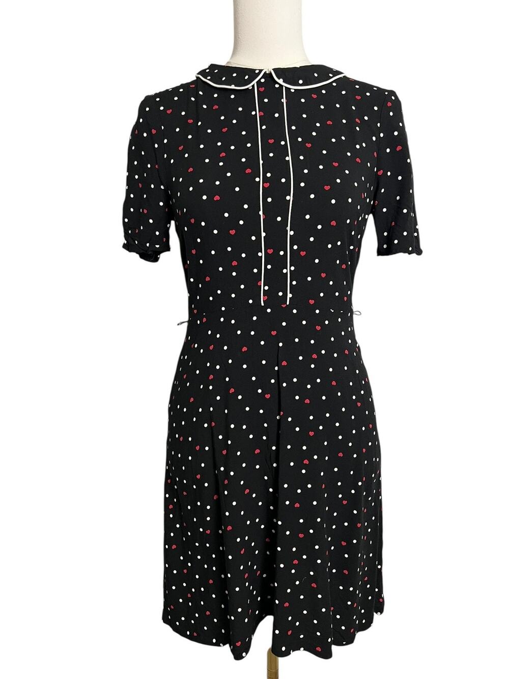 F&F Fit & Flare Dress Womens 6 Black Heart Polka Dot Peter Pan Collar